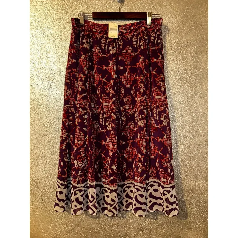 Coldwater Creek Skirt 14 Purple Floral Border Print Midi A Line Lined NWT Career